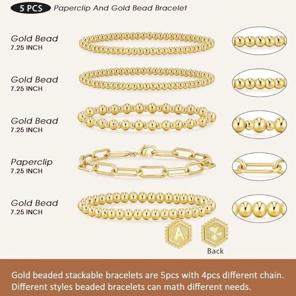 14K Gold Plated Bracelets Womens Casual Beaded Stretch Bead Ball Adjustable Set - Picture 4 of 5